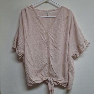 Max Studio Textured Cotton Tie Waist Top Crochet Detail